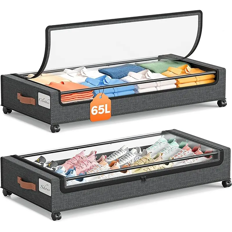 2-Pack Wheeled Under Bed Storage Box, Under Bed Storage Box, Under Bed Shoe Rack Organizer, Metal Drawer Under Wheel Bed for Clothes, Blankets, Shoes,, Books, Bedding, Under-Bed Storage