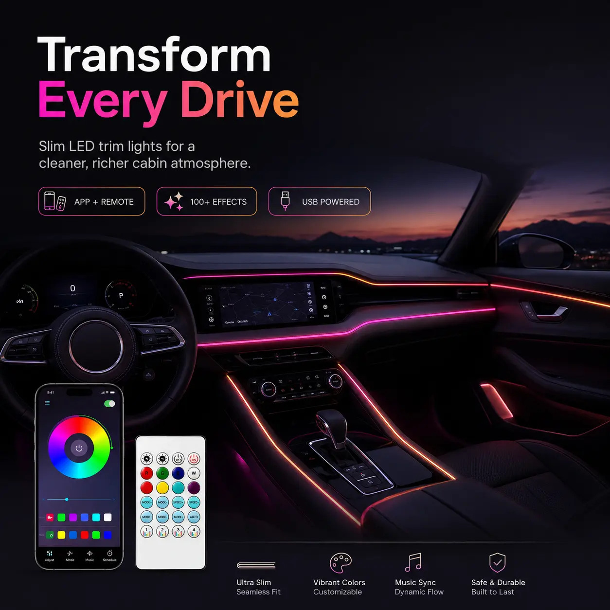 Smart LED Interior Car Lights, USB Powered RGB Car Ambient Lighting with App Control & Music Sync, DIY Mode 110cm+110cm 2-in-1 Design,  Gift for Men & Women Multifunctional Car Led Multifunctional Car Led Multifunctional Car Led Multifunctional Car Led