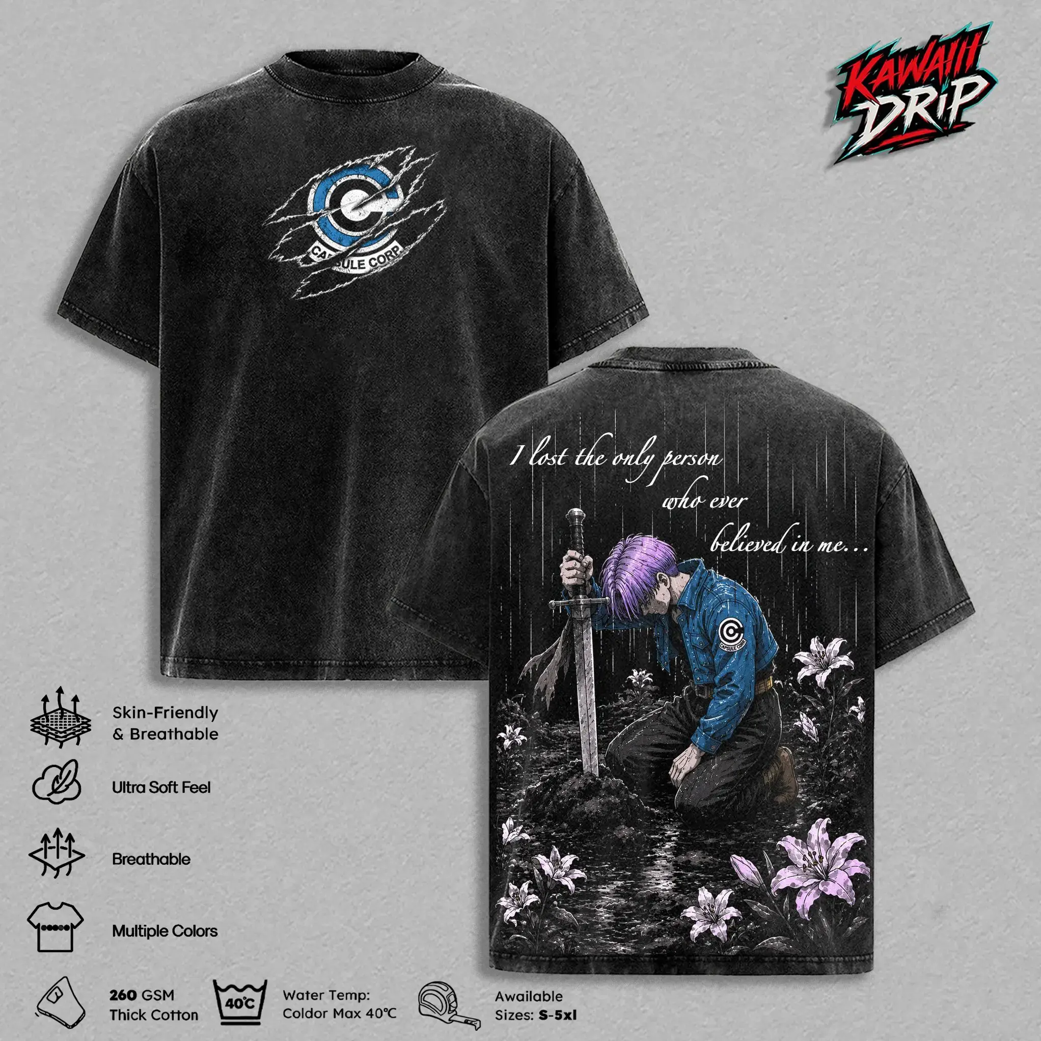 Future Trunks DBZ Vintage T-Shirt Capsule Corp Anime Graphic Oversized Heavyweight Cotton Washed Tee Double Printed Unisex Streetwear Y2K Manga Clothes Retro Top Men Women Summer Casual Wear Round Neck Short Sleeve Machine Washable Everyday Top Gifts!