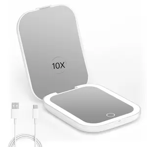 Travel mirror  wallet LED Personalized Lighted Magnification Makeup Mirror Folding Pocket Makeup MirrorTravel Compact Mirror with 1X & 10X Magnification,3-Color Dimmable Lights,Touch Control,Rechargeable Portable Vanity Mirror