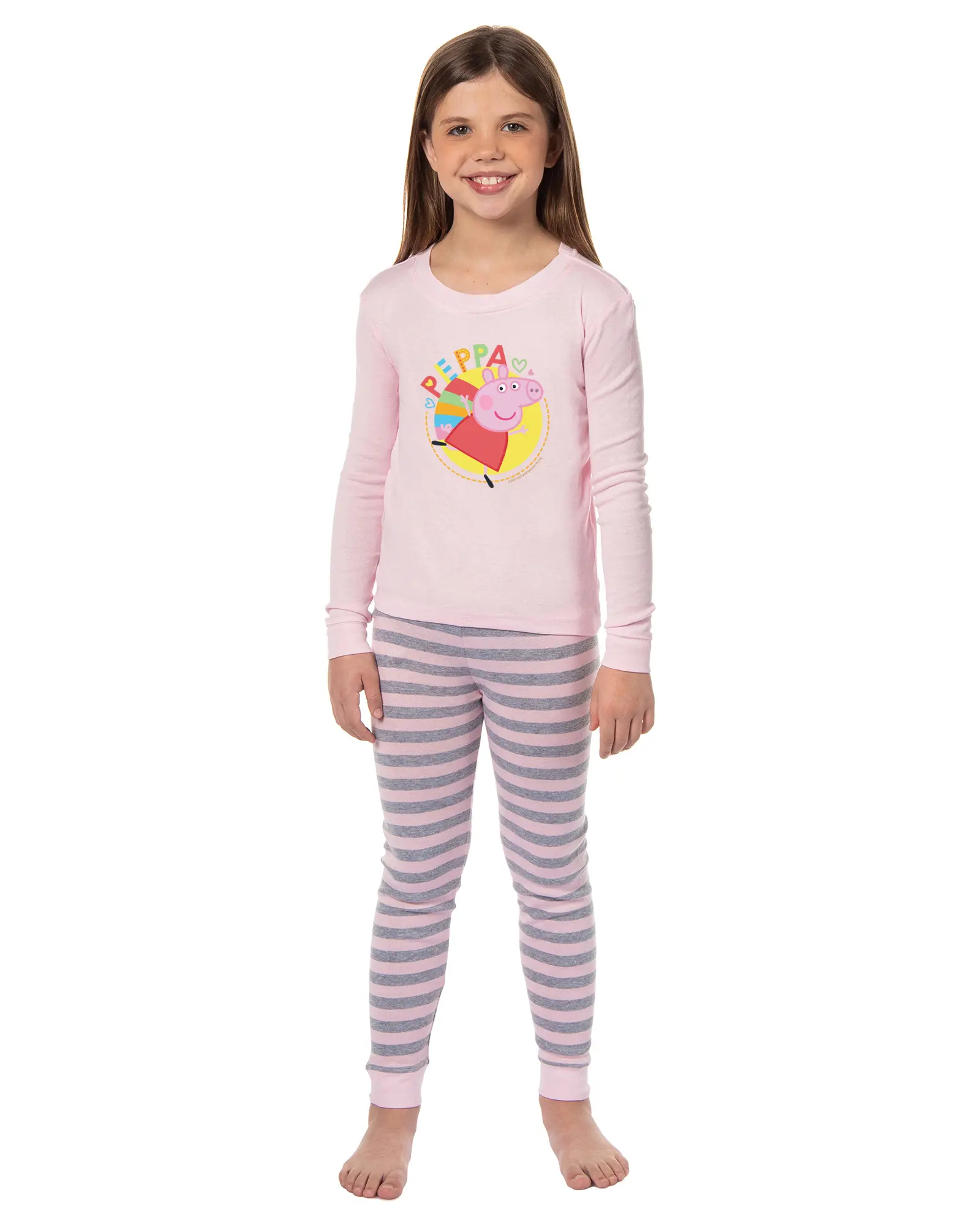 Peppa Pig Girls Pink and Grey Striped Pajamas Shirt and Pant Tight Fit Set