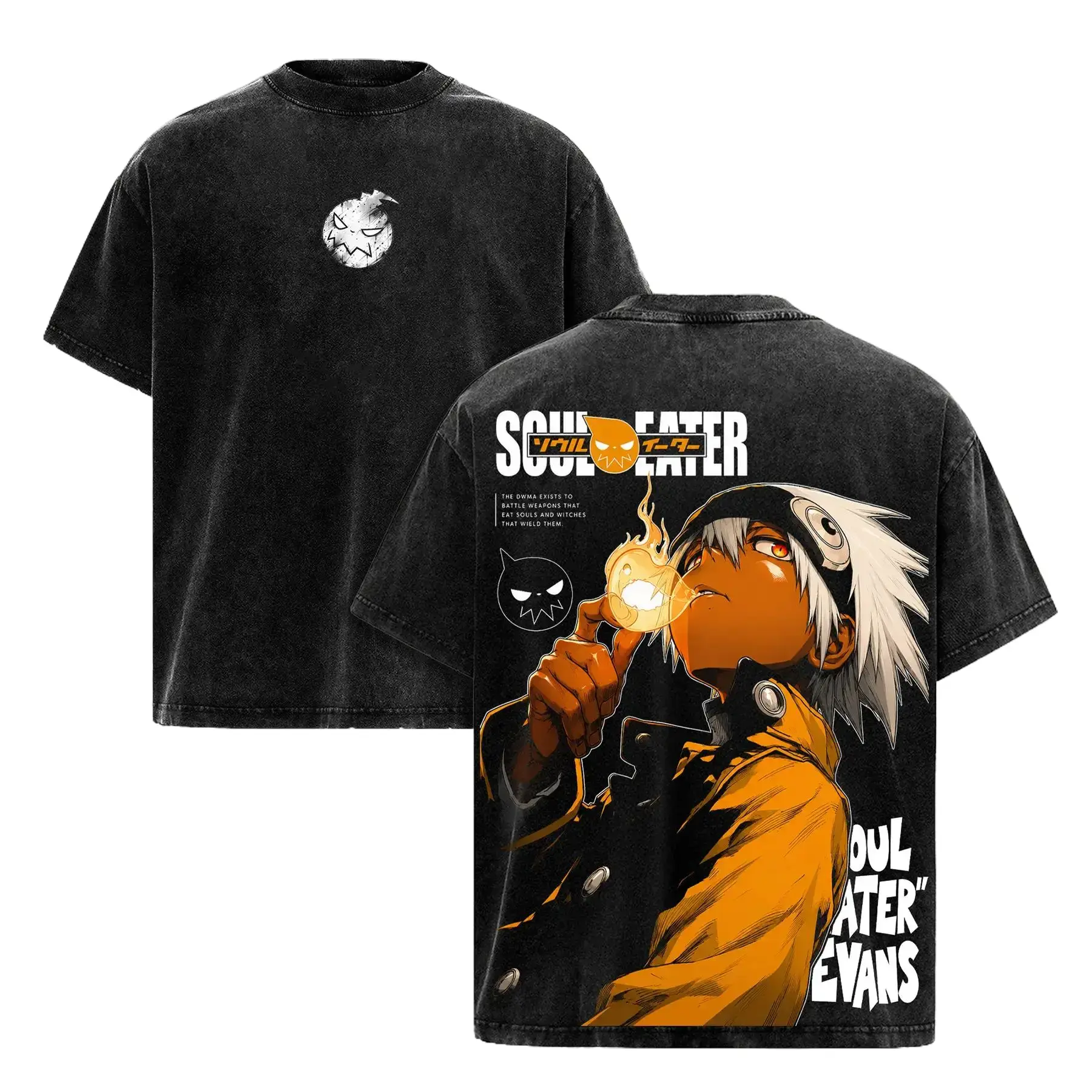 Soul Evans Demon Weapon Scythe Double Printed Graphic Tee Heavy Cotton Stone Wash Oversized Shirt Round Neck Machine Washable Summer Casual Everyday Top For Men Gift For Anime Fans Vintage Y2K Streetwear Manga Aesthetic Clothing Anime T-Shirt Apparel