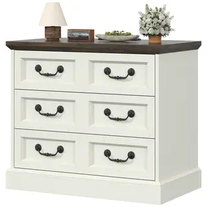 Farmhouse Night Stand with Charging Station, 27.6" Wide White Wood Nightstand with 3 Drawers Dividers Storage, Larger Bedside Table, Side Table End Table, for Bedroom, Living Room, Sofa