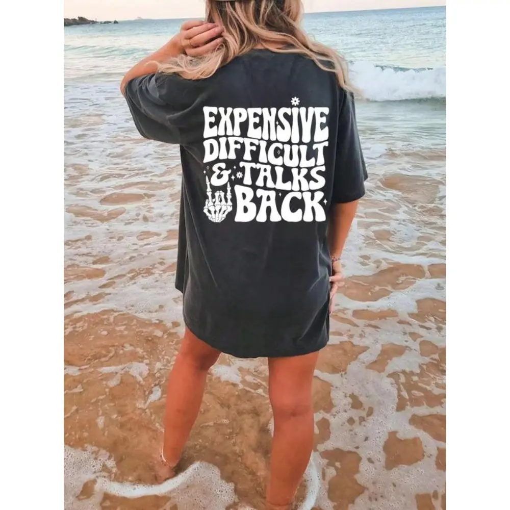 Women's " Expensive Difficult and Talks Back" Slogan Print Skeleton Hand Graphic Round Neck Tee,