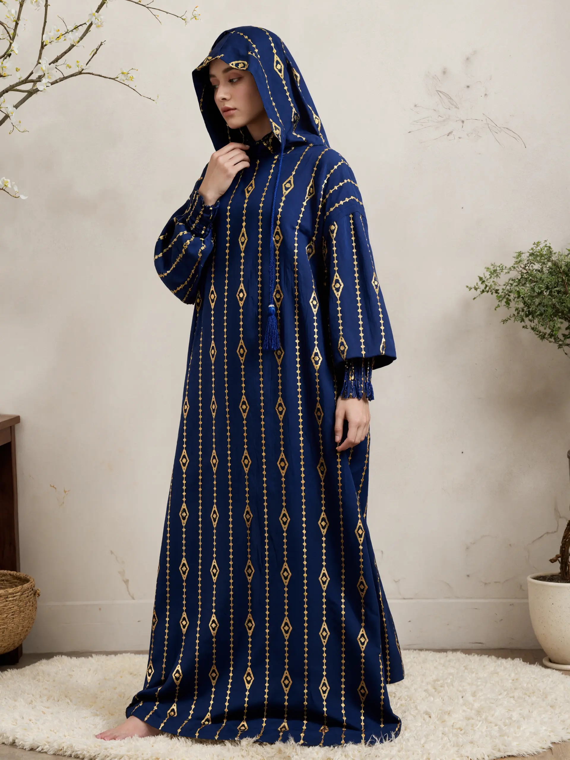 Women's Golden Line Cotton Prayer Abaya with Double Hood - Long Sleeve Plus Size Casual Modest Muslim Dress for Ramadan and Eid, Muslim Dresses, Long Sleeve Abaya, Modest Muslim Outfits