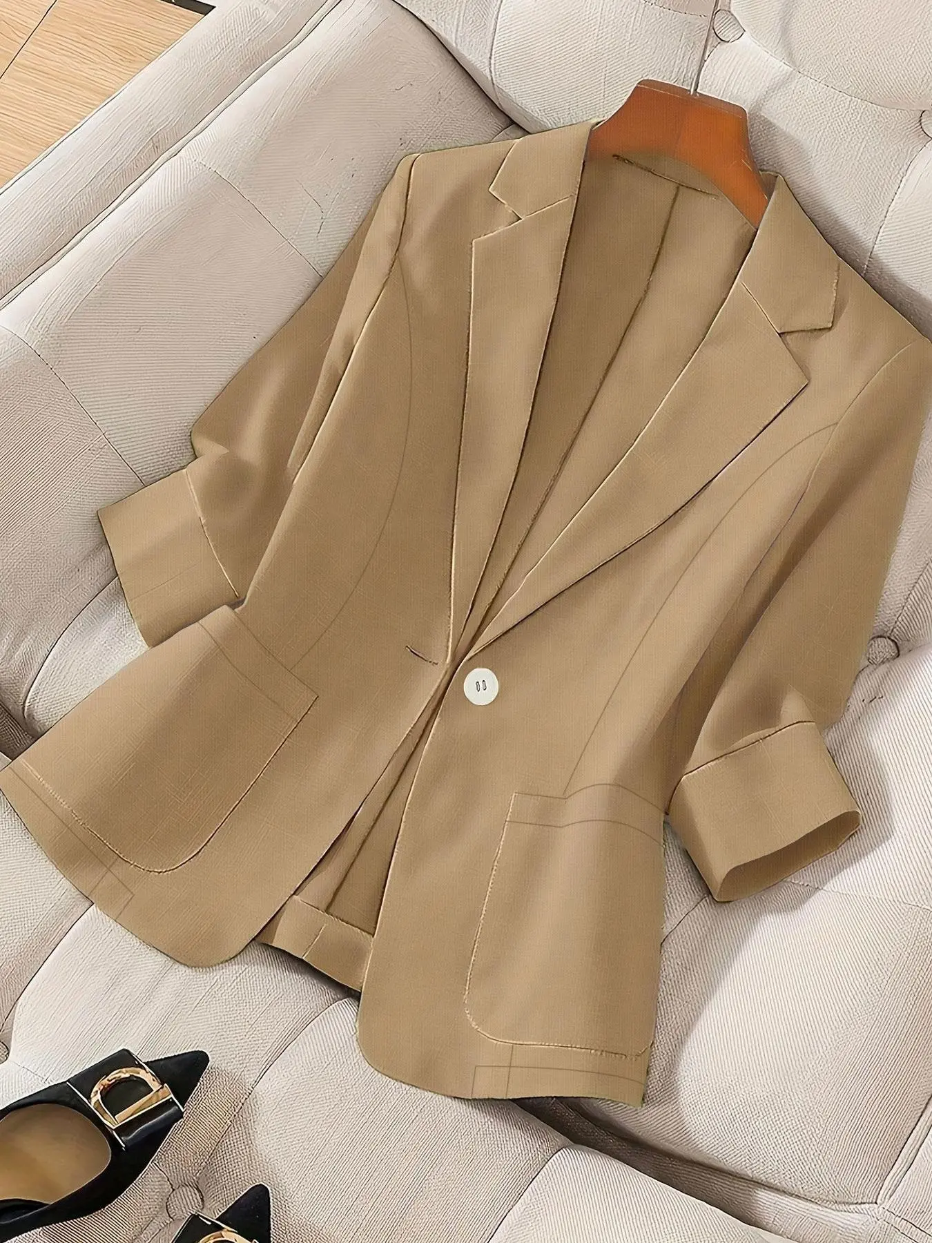 [Plus size] A women's solid color thin style Fitted fashionable and high-end seven quarter sleeve classic suit collar with double pocket design Formal Business Suit jacket, suitable for spring and summer, office workwear, daily commuting, outdoor wear