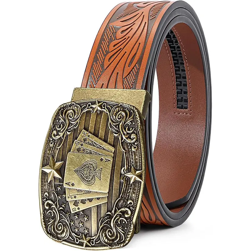 BELTROAD Men's Western Cowboy Belt, Embossed Leather with Adjustable Ratchet Buckle, Hole-less Fit for Jeans & Casual Wear, Men's Accessories, Belts, Cowboy Stuff, Western Belt