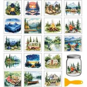 18 Sheets Outdoor Camping Transfer Stickers 3.9x3.6inch Forest Landscape Colorful Transfer Decal Mountains Lake Rub on Transfer for Furniture Vase Glass Art Crafts Decorations