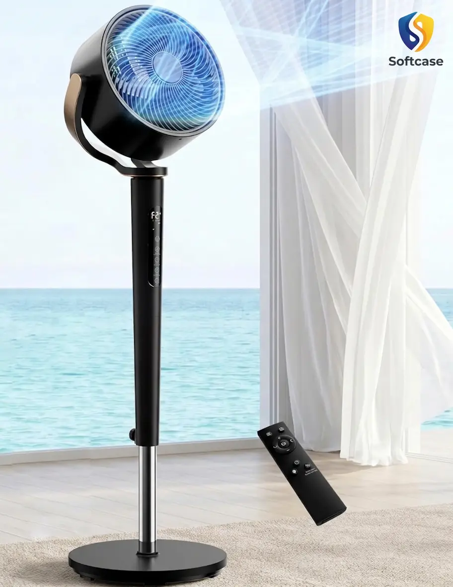 Premium 38-46” Fan for Bedroom, 120°+120°Omnidirectional Oscillating Standing Fan w/ 16 Speed, 4 Mode, DC Motor, Remote, Quiet Stand up Tall Pedestal Floor Fans for Room with 12 H Timer, Memory Function Easy Use Family Summer Vibes Gift Ice Cooling Cold