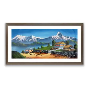 Original Acrylic Canvas — Machapuchare Himalayan Village (24×47 in) | Nepal Mountain Landscape, Cottages & Peaks