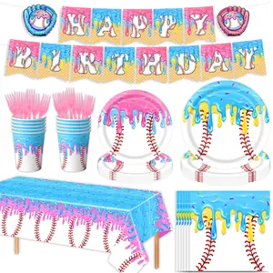 New Year Ice Cream Baseball Theme Party Supplies Set, 7-Piece Paper Plates Cups Napkins Banner Tablecloth Kit, All-Season Use