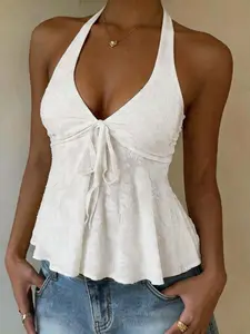 Pure-desire style halter sleeveless top in jacquard fabric + V-neck + tie detail + ruffle trim — casual date outfit