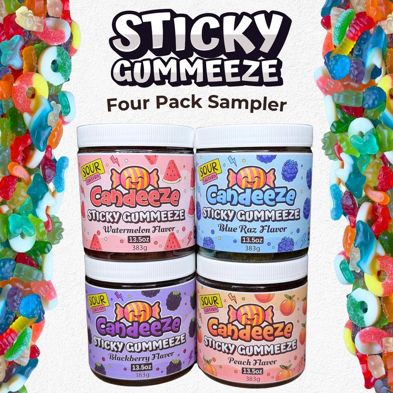 Candeeze Sticky Gummeeze Sampler Pack (4 Tubs) - TikTok Trending Candy - Blue Razz Watermelon Blackberry Peach