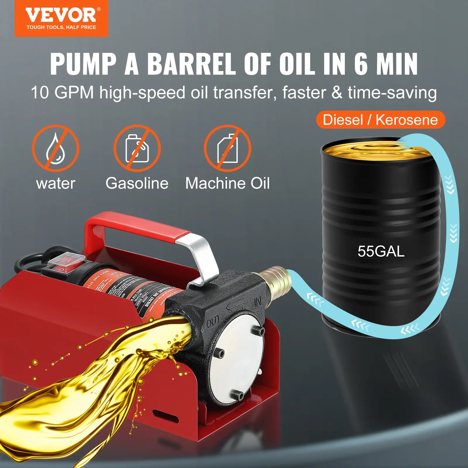 【summerfinds】VEVOR Diesel Fuel Transfer Pump Kit  12V 10 GPM DC with Automatic Shut-off Nozzle Hose, Portable Electric Self-Priming Fuel Transfer Extractor Pump Kit for Diesel, Kerosene, Machine, Transformer Oil