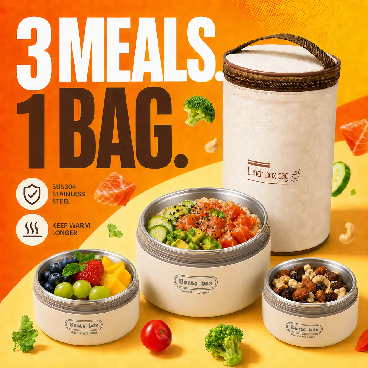 Leakproof Stackable Lunch Box Set with Insulated Lunch Bag, 3 Round 304 Stainless Steel Inner Bowl Containers, 1 Large Main Meal Box + 2 Matching Small Side Boxes, Portable Food Storage for Soup, Fruit, Snacks, Work, School, Travel & Picnic
