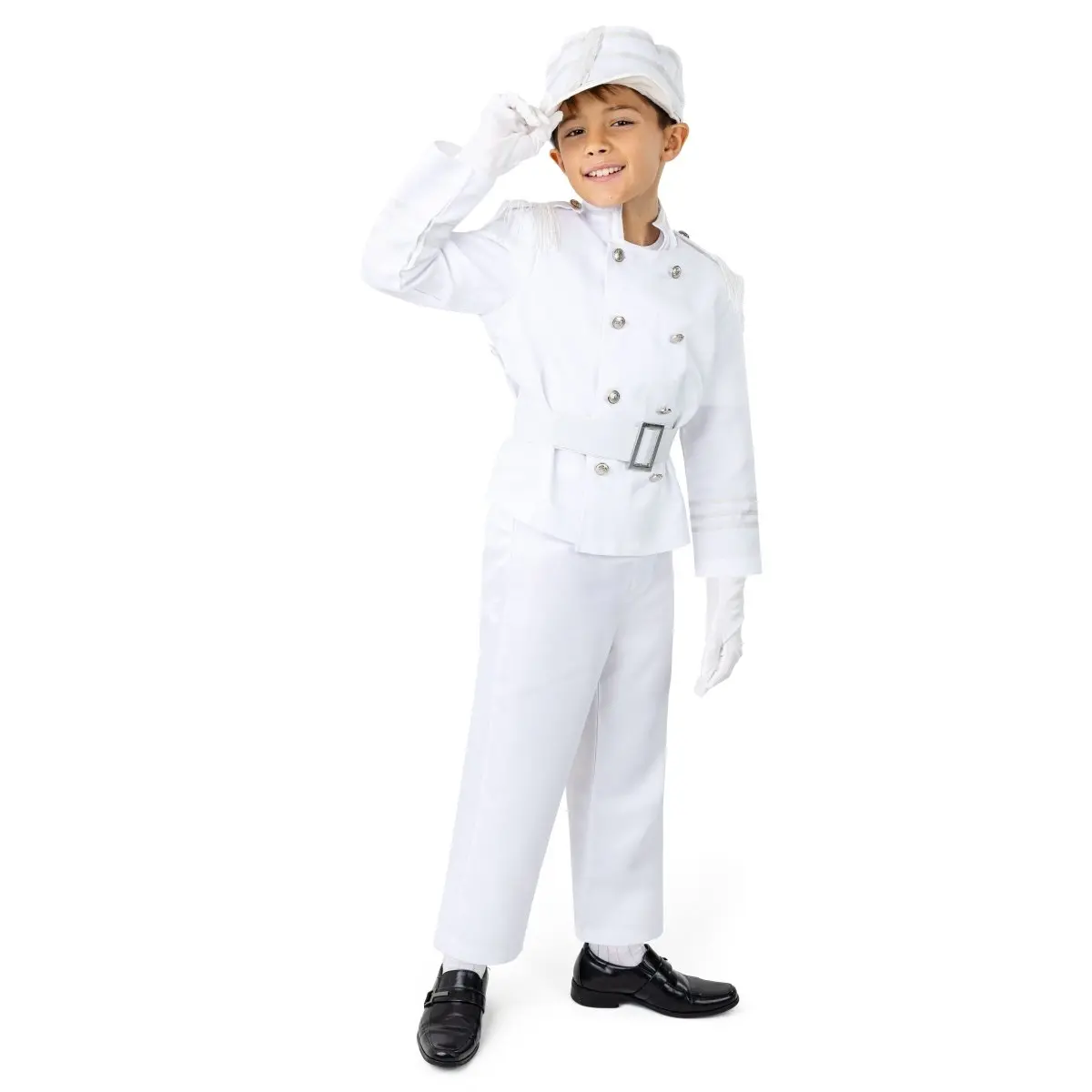 White Marching Band Costume For Kids – 4 Piece Uniform Suit Set with Jacket, Pants, Belt & Hat – Machine Washable - For Stage Performer, Role Play & Cosplay
