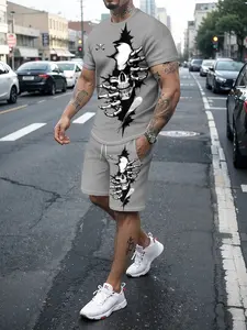 Men's Ripped Skull Skeleton Graphic Short Sleeve T‑Shirt Drawstring Shorts 2 Piece Set Summer Gothic Punk Streetwear Casual Outfit