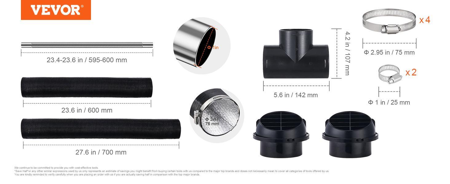 VEVOR Diesel Heater Pipe Ducting Set, TikTokShopBlackFriday, 3" Extendable Air Duct Hose, 1" Stainless Steel Exhaust Pipe, 2 Air Vents, Tee Air Outlet Connector and Hose Clamps, for 2KW/5KW/8KW Diesel Parking Heaters