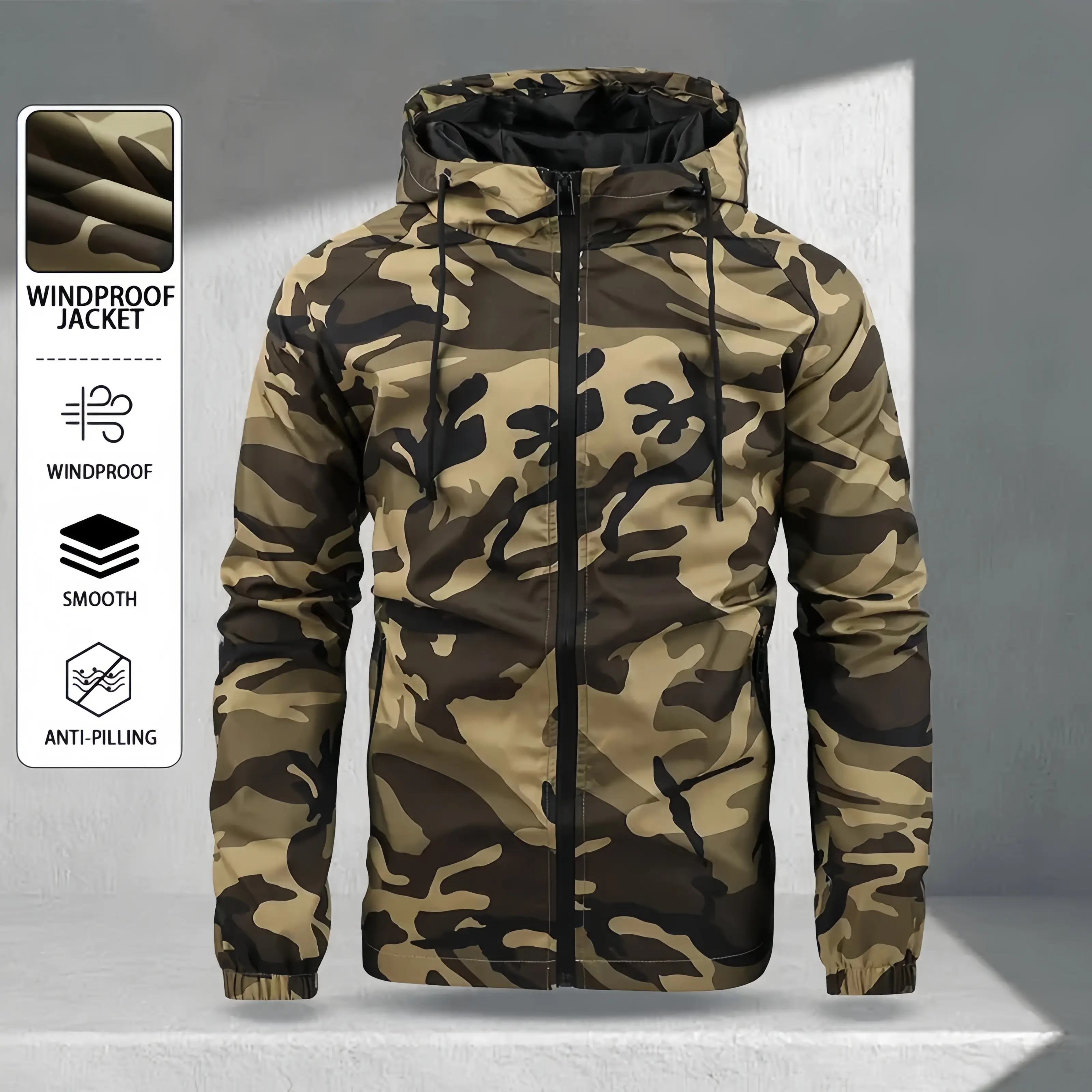 Men's 2026 New Camouflage Print Hooded Jacket - Polyester Clothes, Windproof High Street Loose-Fit Military Workwear, Medium-Length Zip-Up Outerwear with Drawstring Hood & Ribbed Cuffs, Vintage Style for Commuter Outdoor Use, Machine Washable