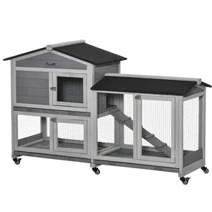 PawHut 62" Rabbit Hutch, Wooden Bunny Hutch, Guinea Pig Cage, Small Animal Enclosure with Wheels, Run Area, Removable Tray, Asphalt Roof, Lockable Doors and Ramp, Nature Wood