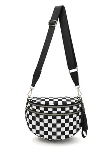 New street trend black and white checkerboard messenger bag, double zipper layered commuter bag, suitable for American retro street wear carry-on bag, Zippered Sling Bag, Checkered Sling Bag