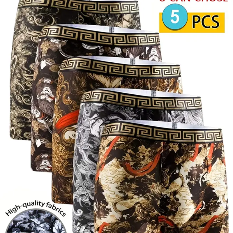 5pcs Men’s All-Over Print Boxer Briefs – Comfortable, Breathable, Lightweight, Soft Underwear for Daily Use, Casual & Sports, All Seasons, Regular Fit, Christmas Gift