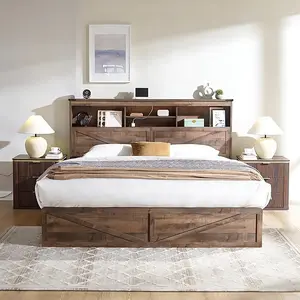 LINGMU Farmhouse King Bed Frame with 52” Tall Storage Headboard 2 Barn Door Cabinets & 4 Drawers Wooden Platform Bed  Vintage Footboard No Box Spring Needed