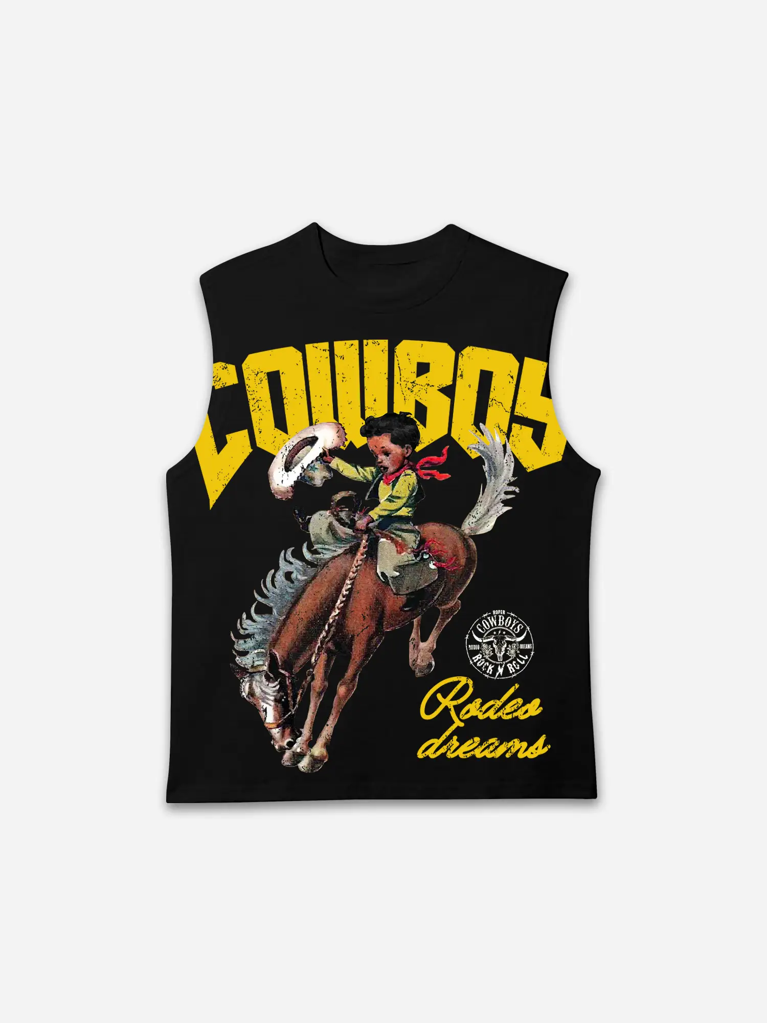 Cowboy Rodeo Dreams Print Graphic Tank Top Sleeveless Casual Crewneck Menswear Horse Socks Man Biker Black Tropical