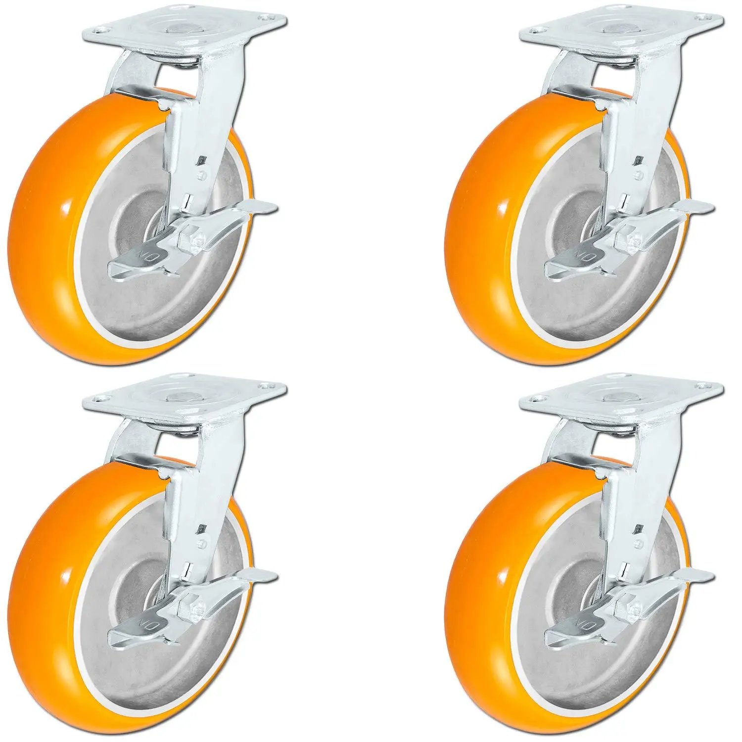 4 Pack - 8" x 2" Non-Marking Orange Tread Polyurethane Casters - 4 Swivel with Brakes - Heavy Duty Casters