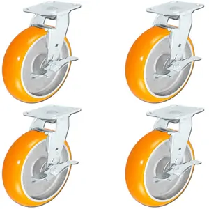 4 Pack - 8" x 2" Non-Marking Orange Tread Polyurethane Casters - 4 Swivel with Brakes - Heavy Duty Casters