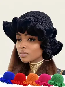 Solid Color Hand-woven Knitted Bohemian Fisherman Hat, Cute Elegant Vintage Style Hat with Pleated Design for Casual Wear, Casual Ruffle Cap