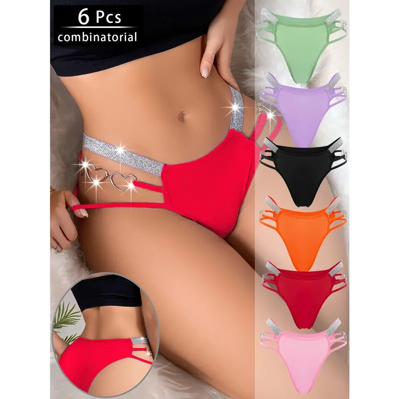 6 Pack Women's Sexy Heart-Shaped Chain Bikini Panties - Mixed Colors, Fashionable Soft Breathable Nylon Blend, Mature Elegant Low-Waist Design, Suitable for Parties and Romantic Dates Swim Knicker