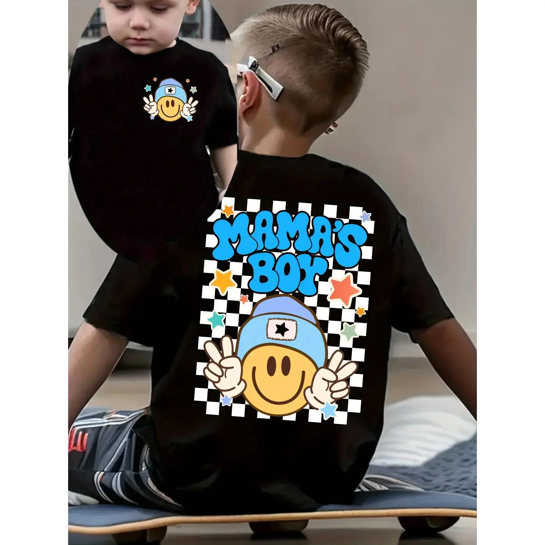 "Mama's Boy" Smiley Face Toddler T-Shirt | Checkerboard Retro Kids Tee | Cute Mother-Son Outfit for Boys
