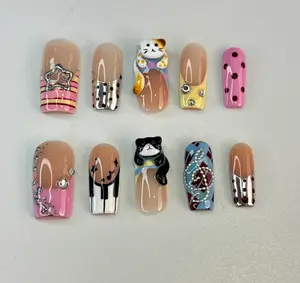 Kawaii Pop Press-On Nails, 3D Lucky Cat Charm, Pink Stripe French Tips, Polka Dot Detail, Silver Star Accent, Black Drip Art, Handmade Cute Y2K Nail Set for Trendy Everyday Looks