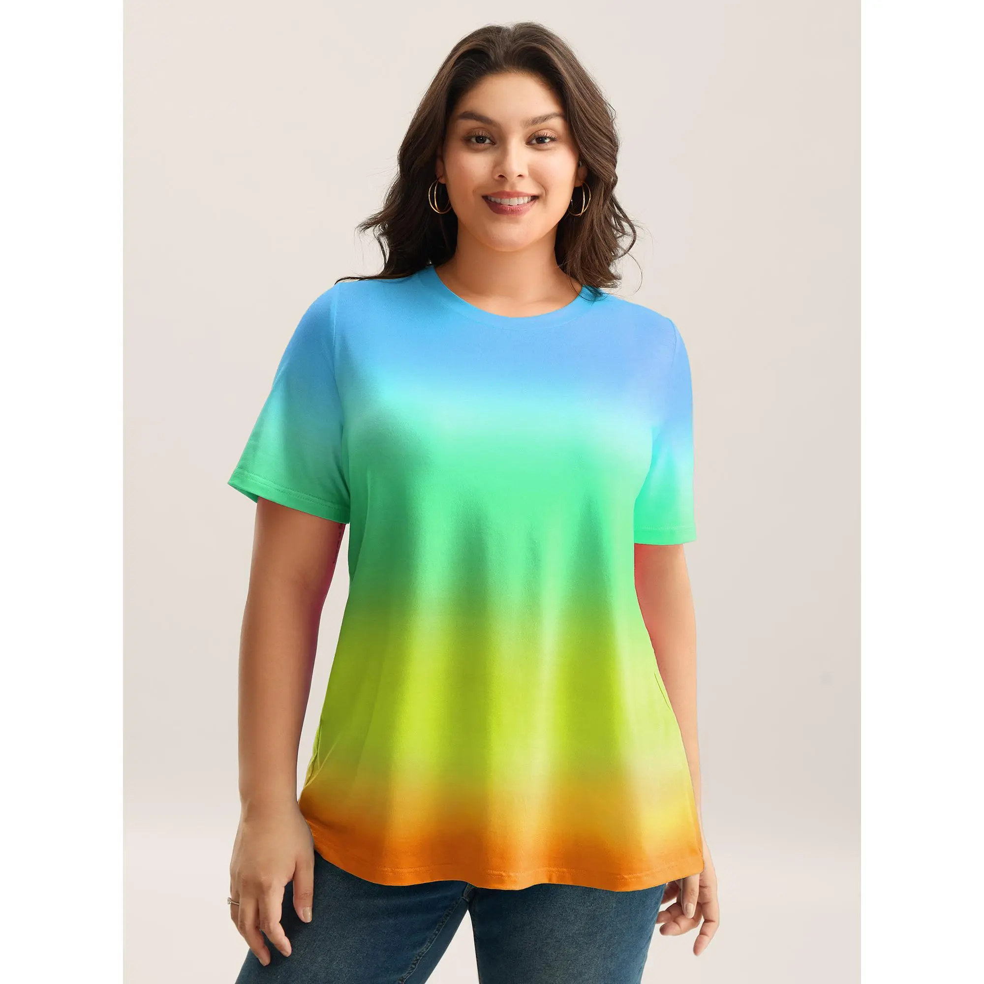 BloomChic Plus Size Ombre Pride Pattern T-Shirt for Women, Playful Short Sleeve Design in a Stretchy Polyester Blend for a Curvy Fit, Tops, Spandex, Multicolor, Curvy Clothing, Machine Wash, Playful Look, Fitted, Low Iron, Comfy Casual, Rainbow Stripe, Co