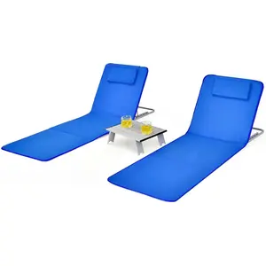 Beach Chairs for Adults 2 Pack Set with Side Table, Folding Lounge Chairs, 5 Position Adjustable Lawn Chair for Sunbathing, Patio Chaise Lounge Lightweight Backpack Camping Chairs (Navy)