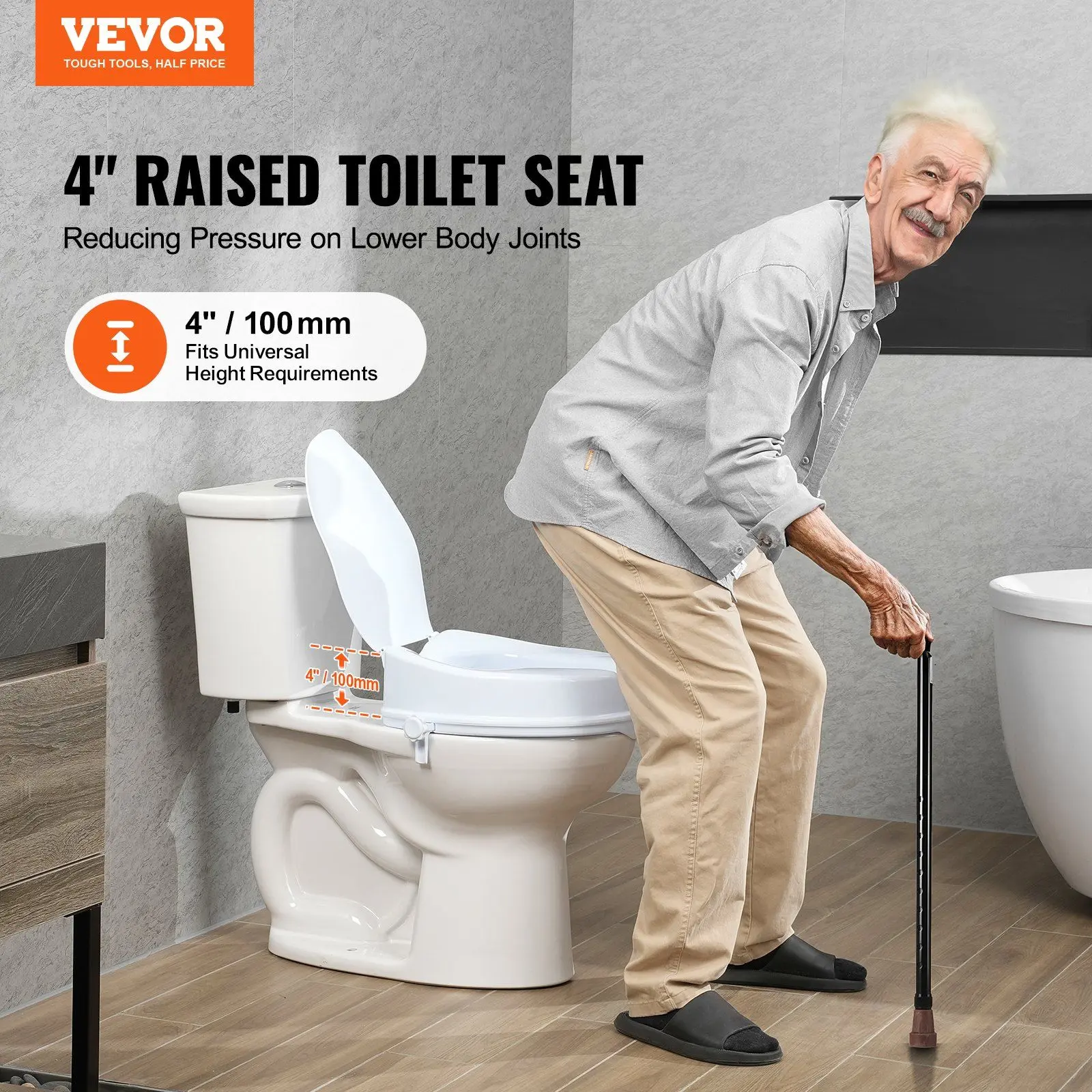Raised Toilet Seat 4" Height, 300 lbs Weight Capacity, Universal Riser, Screw Rod Locking, Handicap, Patient, Pregnant