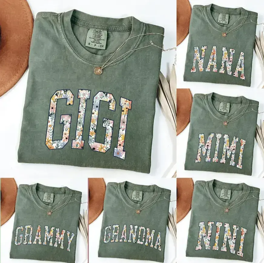 Comfort Colors Custom GIGI Floral T-Shirt, Moss Green Graphic Tee, Mama Nana Auntie Mimi Grammy Shirt, Family Gift, Mother's Day Shirt, Botanical Tee