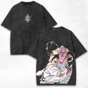 Akaza Demon Slayer With His Wife Eternal Bond Washed Heavy Cotton Oversized Streetwear Graphic Tee Limited Drop