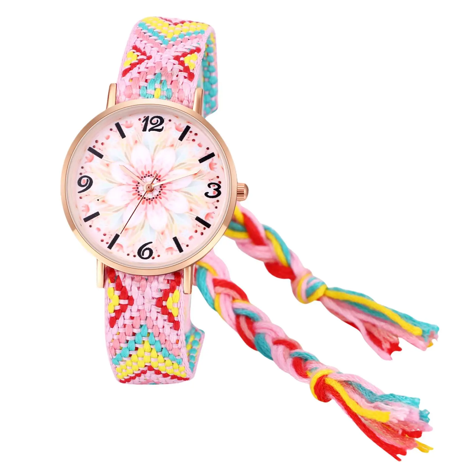 OIDEA Women's Analog Watch, Boho Floral Dial with Woven Rainbow Preppy Band, Adjustable Casual Fashion Jewelry Gift for Teen Girls, Gift Watch, Casual Fashion Wristwatch