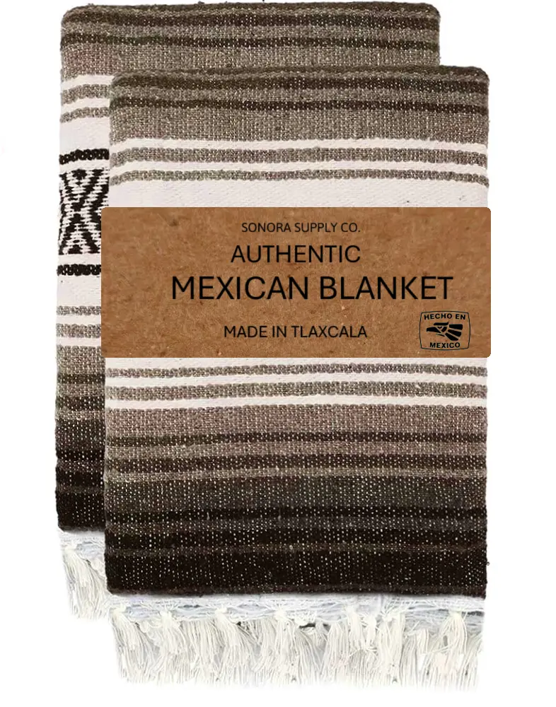 Authentic Mexican Handwoven Blanket - Made in Tlaxcala - 70 x 50 inches, Tan/Beige/Espresso/White