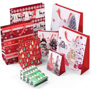 24 count Christmas Bags for Wrapping Holiday Gifts,Hot Stamping Foil Festival Bag Bulk Set with Snowman, Reindeer,Christmas Stocking/Cane/Tree, Snowflake, Gin Design - 6 X-Large,6 Large,6 Medium,6 Small