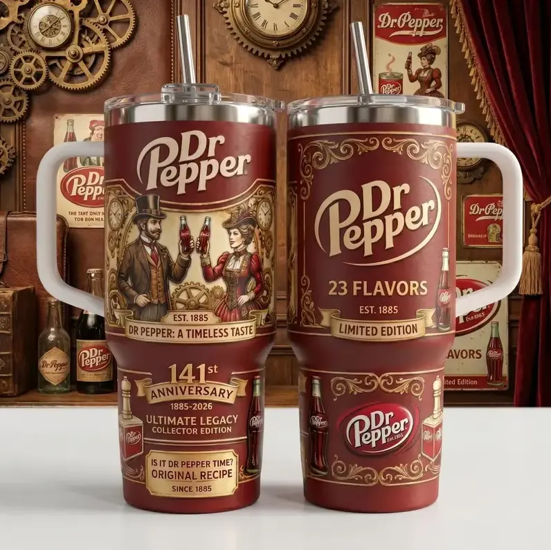 Docter Pepper 141st Anniversary Tumbler 40oz With Handle & Straw, Limited Edition 1885-2026 Collector Cup, Retro Soda Fan Gift, Vintage Dr Pepper Drinkware, 23 Flavors Stainless Steel Travel Mug, Insulated Beverage Tumbler
