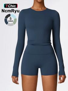 two-piece set women's patchwork high elastic soft quick-drying breathable long cuff round neck long sleeve high waist hip shorts yoga clothes suit four seasons outdoor running cycling walking shopping fashion suit gym sports training versatile long sleeve
