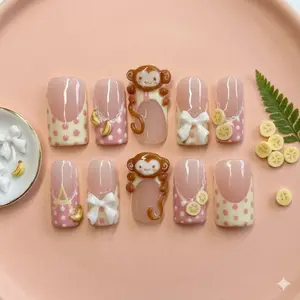 Kawaii Monkey Press On Nails: 3D Charms Monkey & Bow, Pastel Pink Polka Dot Set