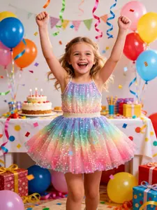 Girl's Sweet Iridescent Gradient Sequin Skirt Baby's Soft Mesh Princess Skirt Birthday Atmosphere Wear Short Skirt Children's Rainbow Gradient Sequin Tutu Skirt Clothes