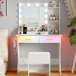 Small Space Vanity,Modern Makeup Vanity Desk with Lighted Mirror,2 Drawers,Cushioned Stool for bedroom, vanity mirror vanity table,Furniture Interior