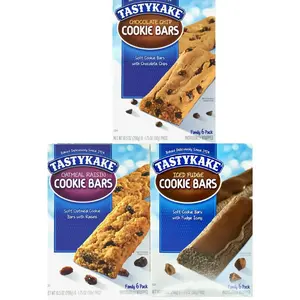Tastykake Chocolate Chip Cookie Bars, Oatmeal Raisin Cookie Bars, Iced Fudge Cookie Bars, Family 6 Packs, Individually Wrapped - 1 Box of Each