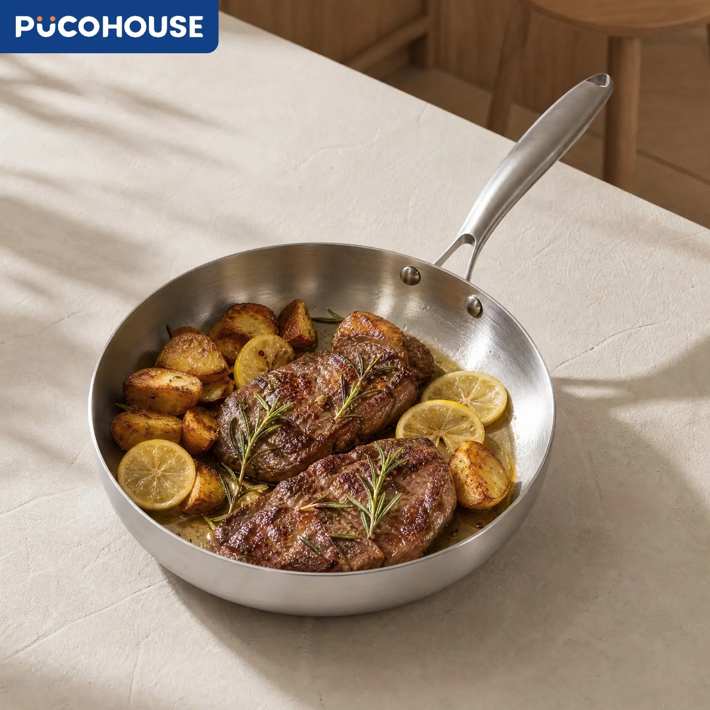 PUCOHOUSE New 304 Stainless Steel Circular Flat-Bottom Deep Thick Frying Pan - Large Capacity, No Chemical Coating, Tri-Ply Composite Base, Ideal for Steak, Eggs, Stir-Fry, Induction Safe, Compatible with All Stoves
