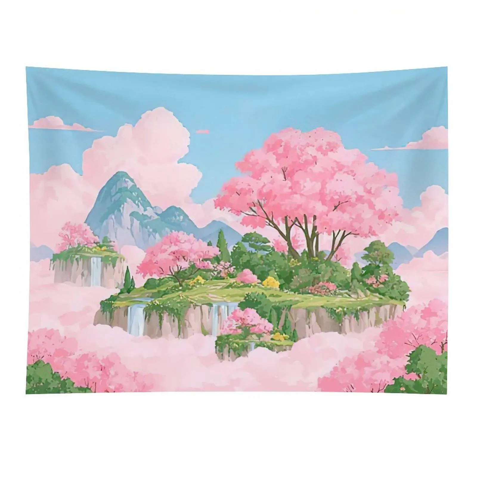 Pink Cherry Blossom Sky Island Tapestry Dreamy Sakura Mountain Wall Decor